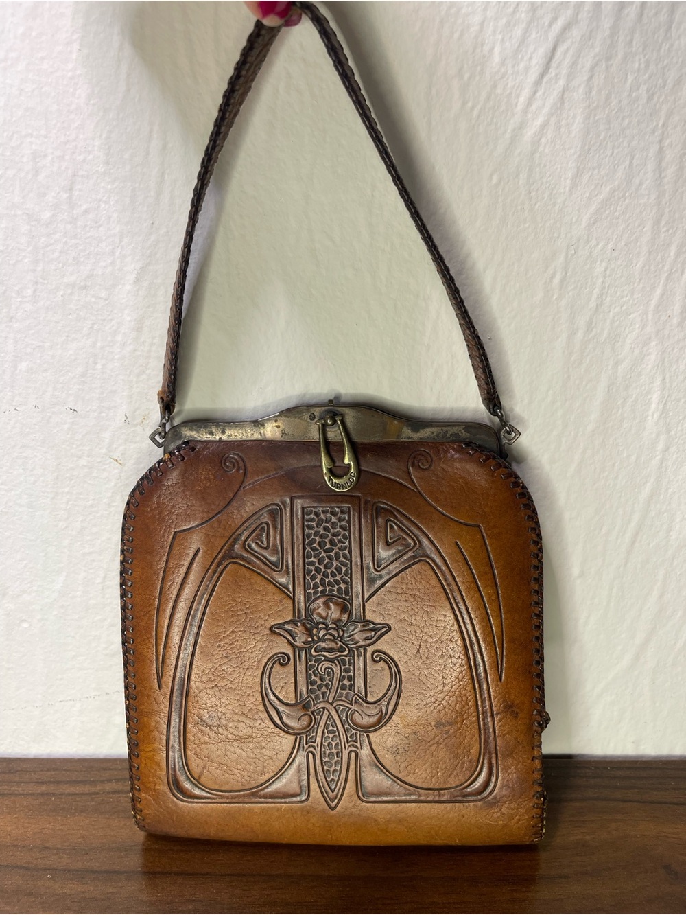 Antique 1920s Art Nouveau Tooled Leather Purse Turn-Loc Clasp Arts & Crafts